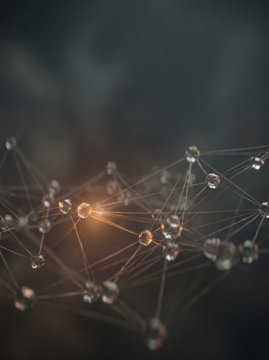 An abstract network of glowing nodes and fine threads in dark space, a few lit amber.