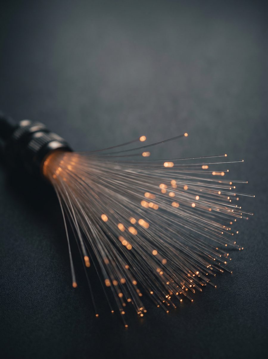 Macro of fiber-optic strands fanning out, each carrying a point of warm amber light.