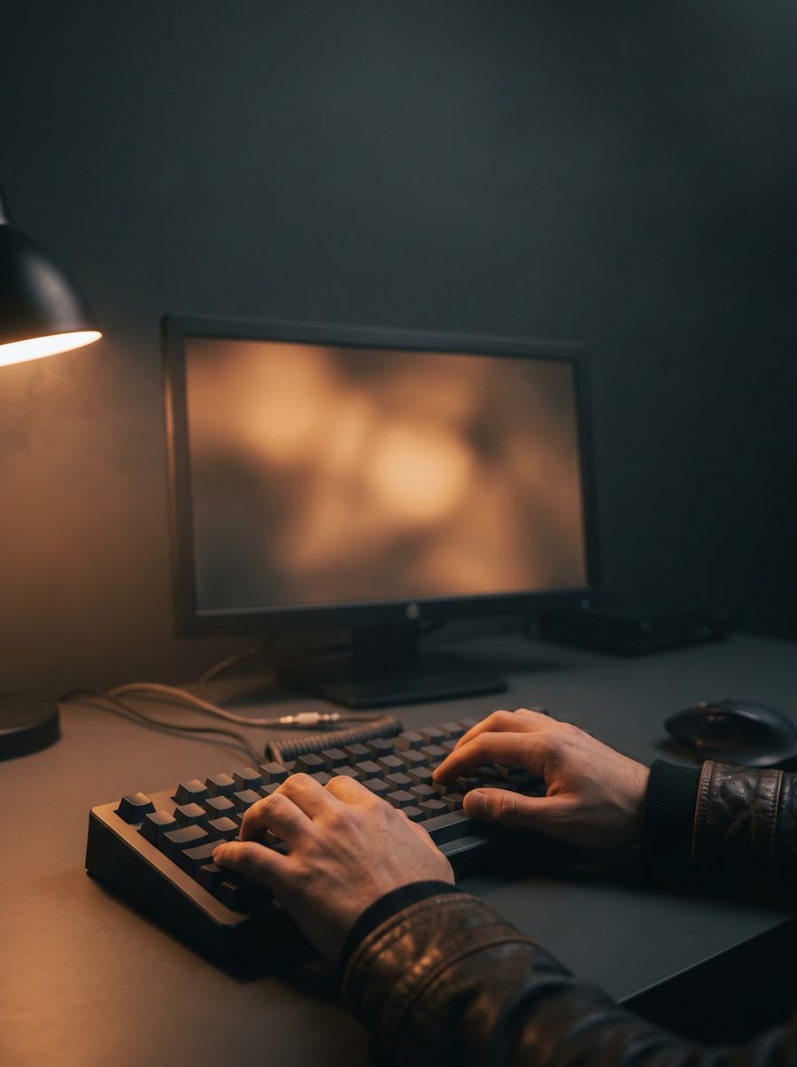 Close view of an engineer's hands on a mechanical keyboard, the screen glowing warm amber.