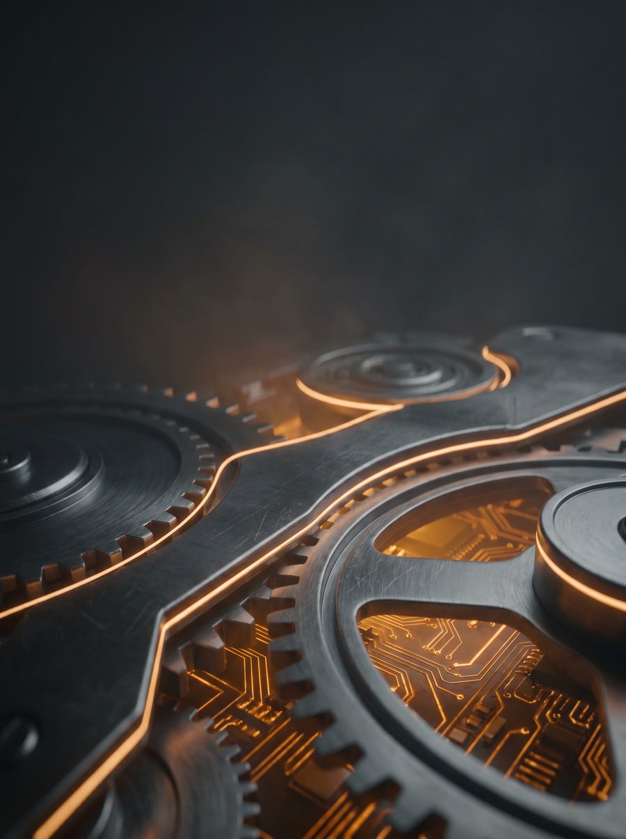 Macro of machined metal components meshed with a glowing circuit board, amber light in the seams.