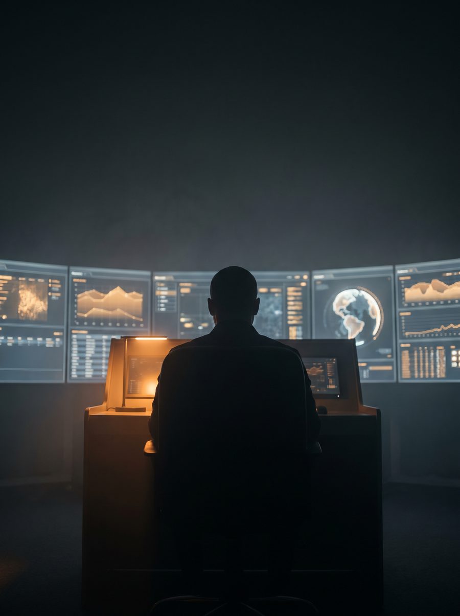 An analyst silhouetted before a curved wall of monitoring dashboards in a dark room.