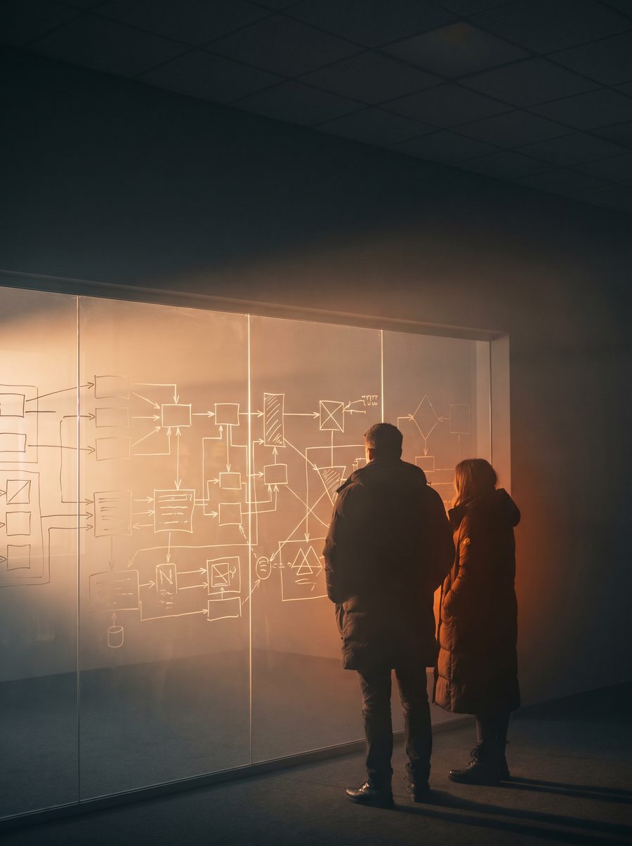 Two people in silhouette discussing a lit glass wall covered with architecture diagrams.