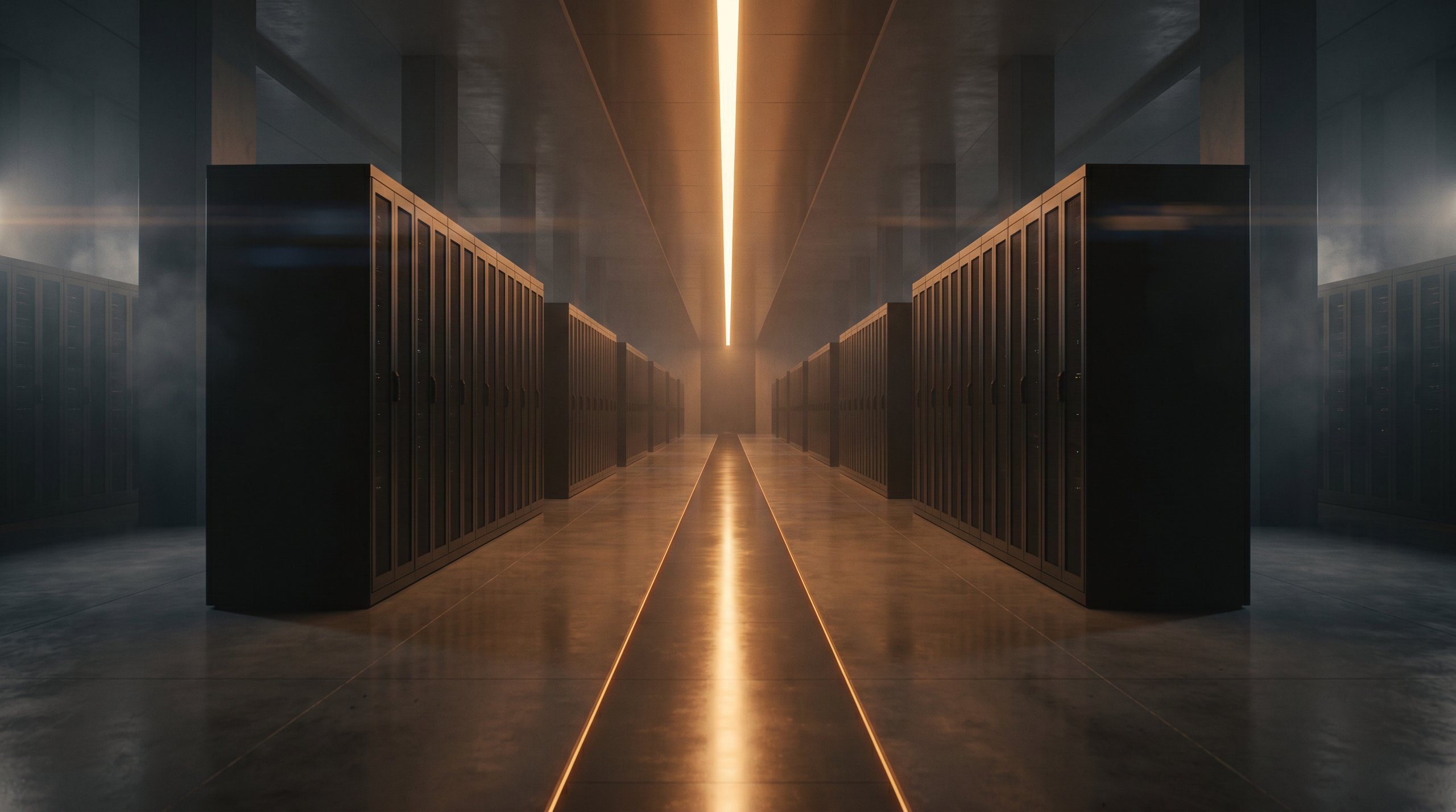 A vast data center hall, rows of dark server racks receding toward a warm amber light down the central aisle.
